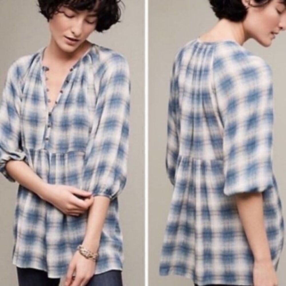 Anthropologie | Maeve plaid peplum puff sleeve top medium